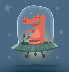 Vector Pig in UFO. Cartoon image of a pink pig sitting in a gray UFO on a blue star background.