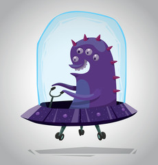 Vector Funny Purple Alien. Cartoon image of a funny purple alien with four eyes sitting in a purple UFO on a light gray background.