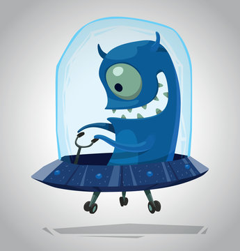 Vector Funny Blue Alien. Cartoon image of a funny blue alien with one eye sitting in a blue UFO on a light gray background.