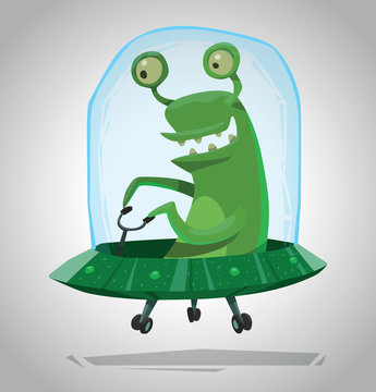 Vector Funny Green Alien. Cartoon image of a funny green alien with two eyes sitting in a green UFO on a light gray background.