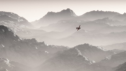 Misty mountain landscape at dawn with private airplane flying ov