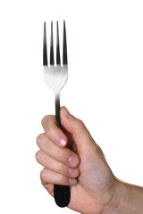 fork in the hands of women isolated on white background