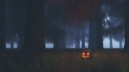 Obraz premium Halloween pumpkin in misty fir tree forest at night.