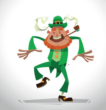 Vector cartoon image of a funny leprechaun with a red beard, in a green suit and a hat with a pipe in his mouth dancing on a light background. In the theme of St. Patrick's Day.