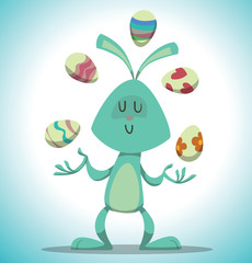 Vector Easter bunny juggling eggs. Cartoon image of light blue Easter bunny juggling colored Easter eggs on a light blue background. In the theme of Easter.