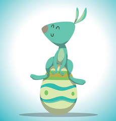 Vector Easter bunny sitting on an egg. Cartoon image of light blue Easter bunny sitting on a colored Easter egg on a light blue background. In the theme of Easter.