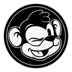 Vintage cartoon. Smiling and winking retro cartoon monkey character in black circle
