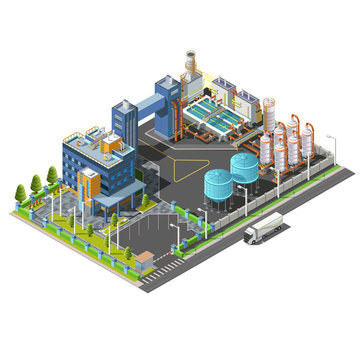Isometric Industrial area, plant, hydroelectric, water purifying system construction. Isolated vector 3D isometric concept. Vector icon set of buildings, pipes, boilers and water.