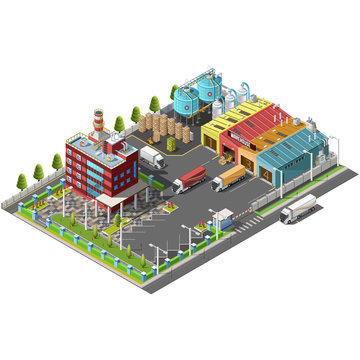 Warehouse Industrial area with seating for loading and unloading, shipping and delivery, transportation and office building. Isolated vector 3D isometric concept