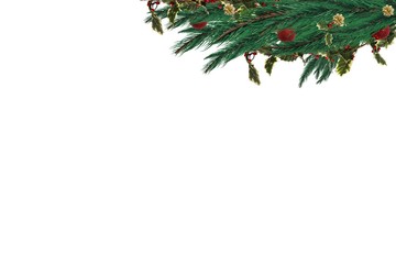 Festive fir branch with baubles on white background