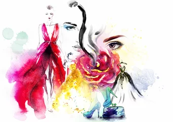 Printed roller blinds Aquarel Face fashion collage. watercolor illustration