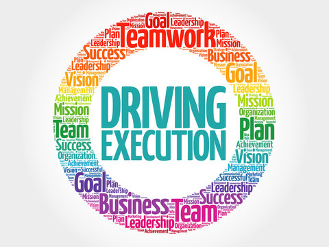 Driving Execution circle stamp word cloud, business concept