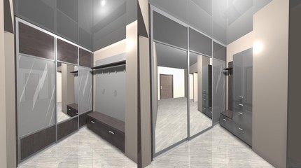 3D render interior design hallway corridor, wardrobe with sliding doors