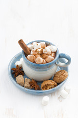 cup of cocoa with marshmallows, cinnamon and cookies