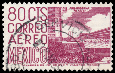 Stamp printed in the Mexico shows city landscape