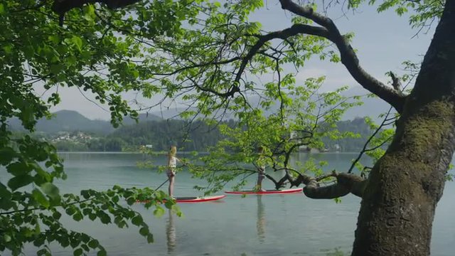 SLOW MOTION: Young couple stand up paddling with SUP boards on romantic date