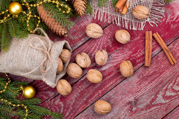 Walnuts, cinnamon and fir cones