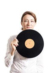 woman holding vinyl record isolated on white