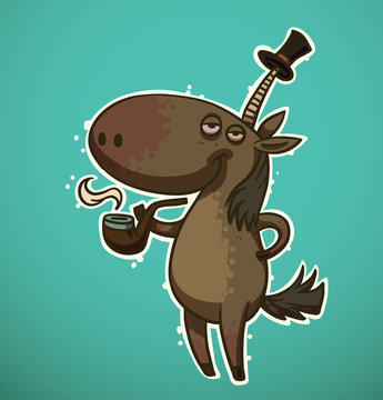 Vector Sir Unicorn. Cartoon image of Sir gray unicorn in black tall hat and a pipe in his paw on a turquoise background.