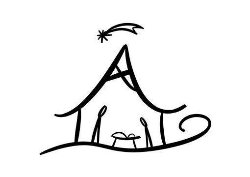 Symbolische Zeichnung einer Weihnachtskrippe mit heiliger Familie und Jesuskind