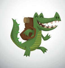 Obraz premium Vector Crocodile tourist. Cartoon image of a green crocodile with big brown backpack on a light background.