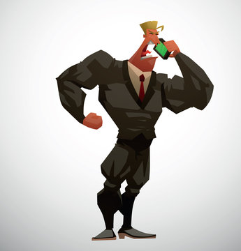 Vector Muscular Lawyer with phone. Cartoon image of a muscular man lawyer in a black suit, white shirt and red tie, with a black phone in his hand on a light background.