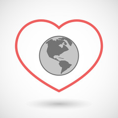 Line hearth icon with an America region world globe