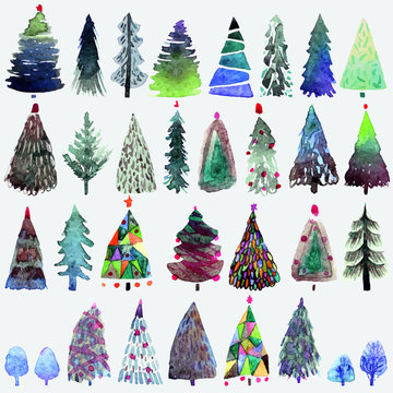 Big collection of watercolor Christmas tree isolated on a white background.