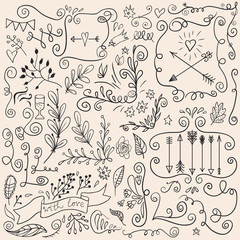 Romantic graphic set with arrows, swirls, labels, ribbons, hearts and flowers.