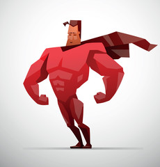 Vector Superhero. Cartoon image of a superhero in a red suit and coat on a light background.
