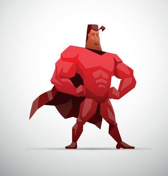 Vector Superhero with hands on waist. Cartoon image of a superhero in a red suit and coat with hands on waist on a light background.