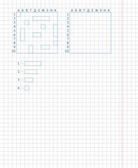 Children's school game — sea battle. Drawing on a school notebook sheet.