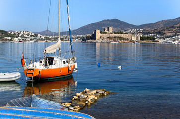 Bodrum Castle and boats of beautiful tourism city Bodrum