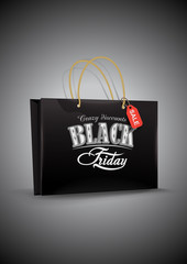 Black Friday. Shop bag on gray background. Vector illustration
