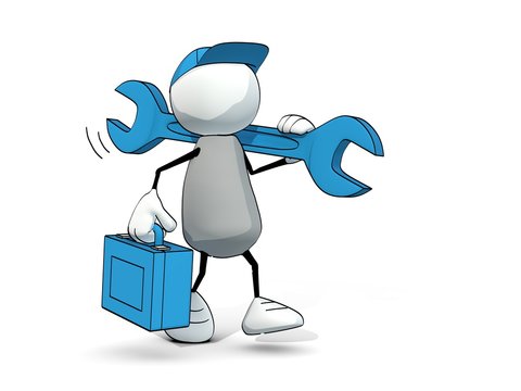 little sketchy men with blue wrench and tool-box