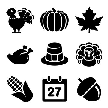 Thanksgivin Icons Set Isolated on White Background. Vector