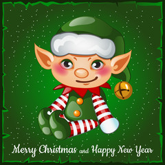 Cute and happy Christmas elf on a green background