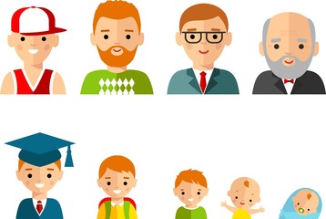 Set of european age group avatars man in colorful style
