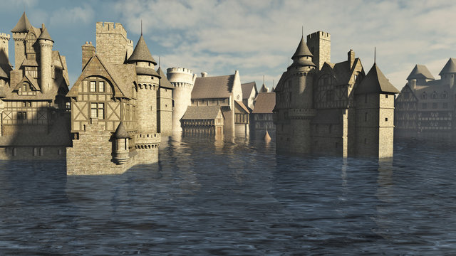 Flooded Medieval European or Fantasy Town - illustration
