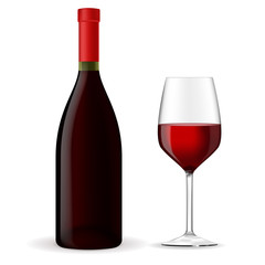 A bottle of red wine with a glass. 