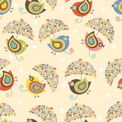 Birds fly with floral umbrellas. Kids seamless pattern.