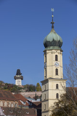 Uhrturm und Franziskanerkirche in Graz,Steiermark,Österreich