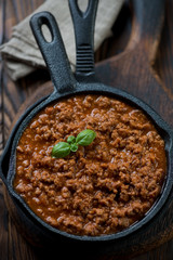 Close-up of freshly made bolognese sauce in a frying pan