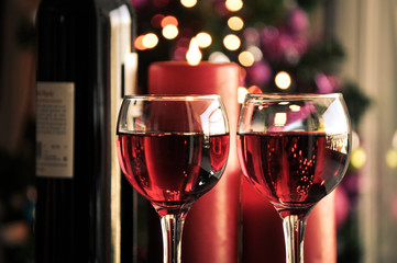 glasses of red wine with Christmas decoration