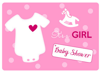 baby shower invitation card, baby bodysuit and rocking horse on pink polka dots background
