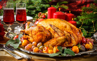 Roasted turkey on holiday table