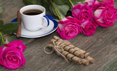 card still life, coffee, roses and cookies