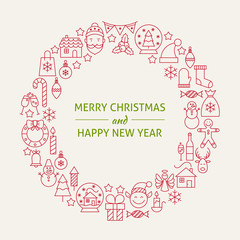 Christmas New Year Holiday Line Art Icons Set Circle