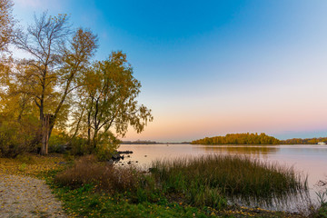 Fototapeta na wymiar The Dnieper River at Dusk in Autumn