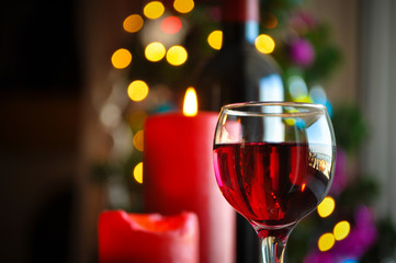 glasses of red wine with Christmas decoration